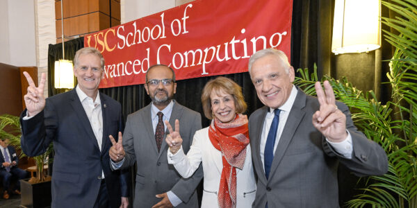 (left to right) Provost Andrew T. Guzman, Gaurav Sukhatme, USC President Carol Folt and Yannis C. Yortsos dean of the USC Viterbi School of Engineering during the naming of the director and announcement of new school of advanced computing, Feb.7, 2024. (Photo/Gus Ruelas)