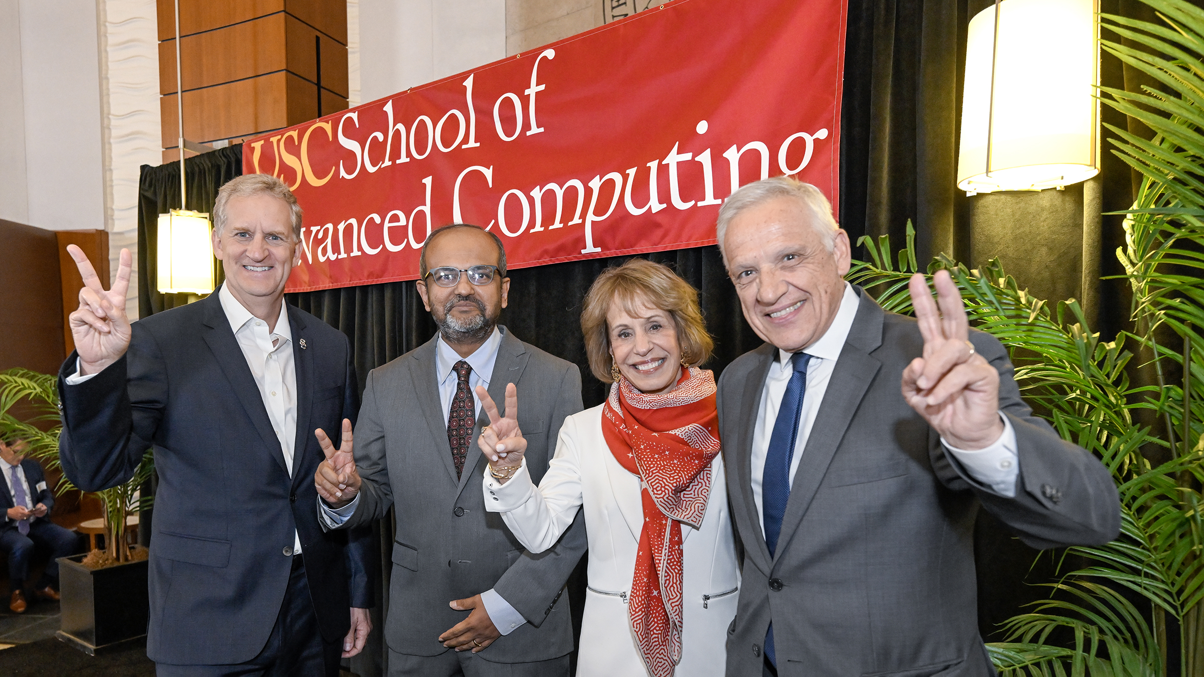 (left to right) Provost Andrew T. Guzman, Gaurav Sukhatme, USC President Carol Folt and Yannis C. Yortsos dean of the USC Viterbi School of Engineering during the naming of the director and announcement of new school of advanced computing, Feb.7, 2024. (Photo/Gus Ruelas)