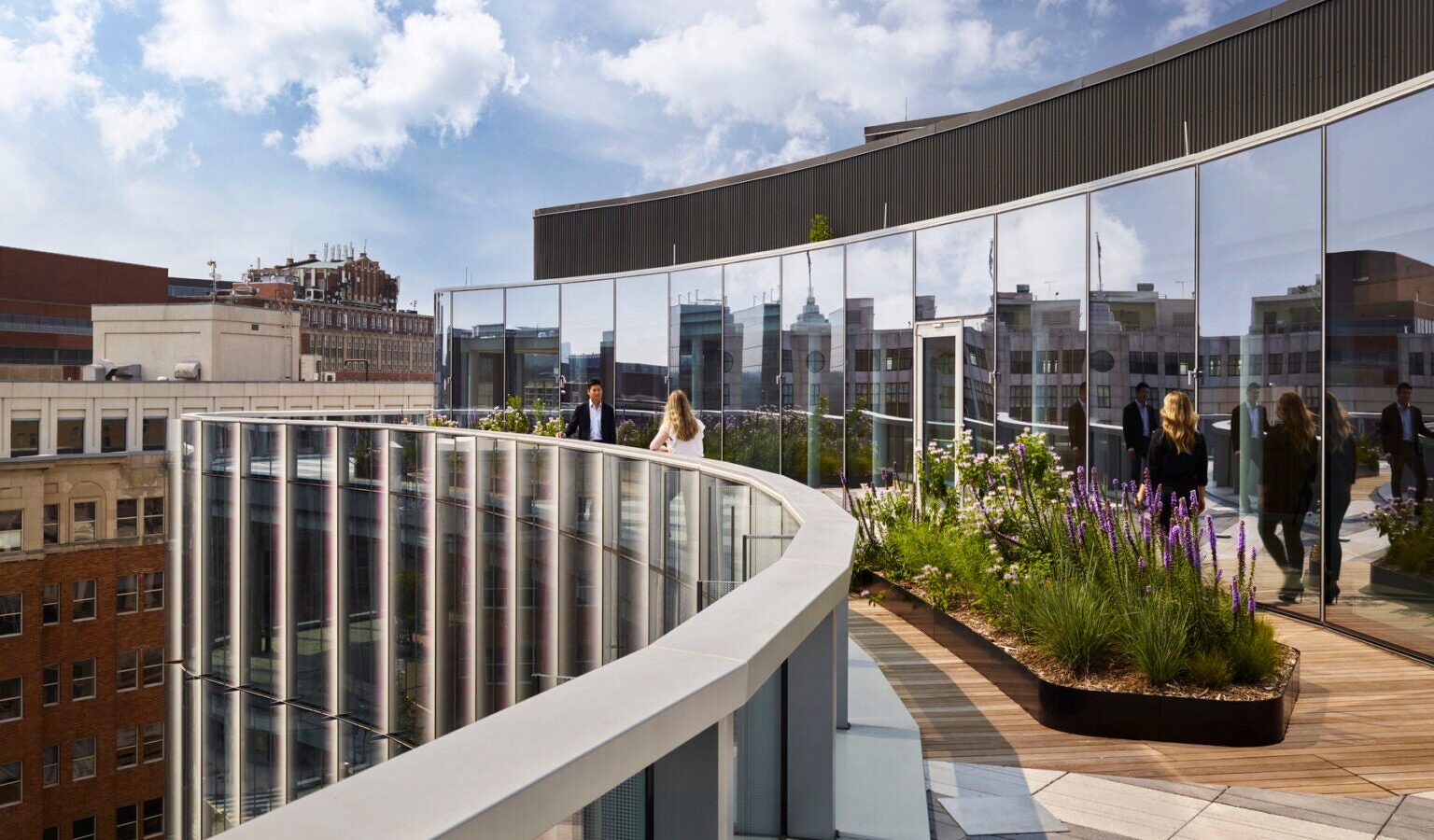 architectural rendering of a patio on the upper floor of a skyscraper