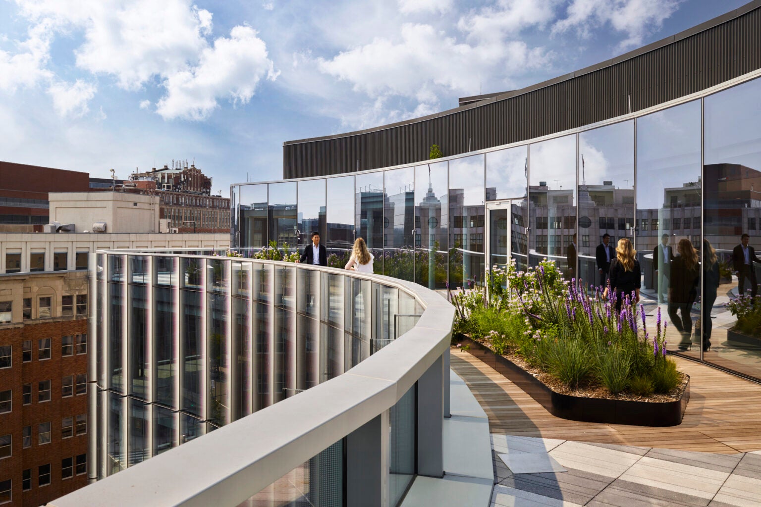 architectural rendering of a patio on the upper floor of a skyscraper