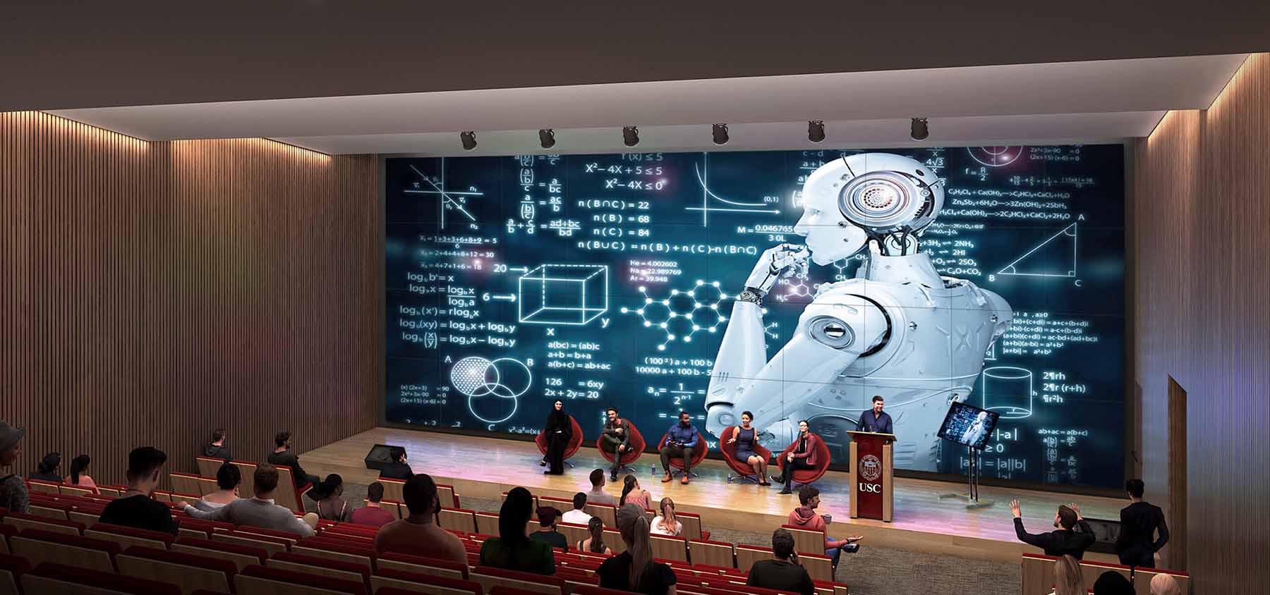 seminar in an auditorium with a giant image of a robot projected on the stage