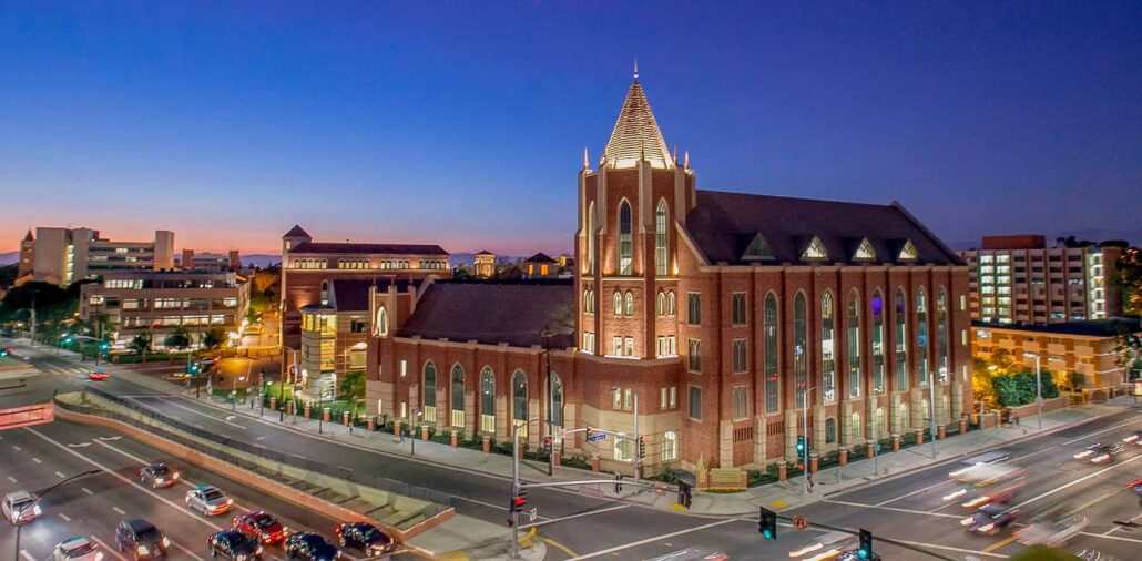 the corner of USC's campus is seen at sunset