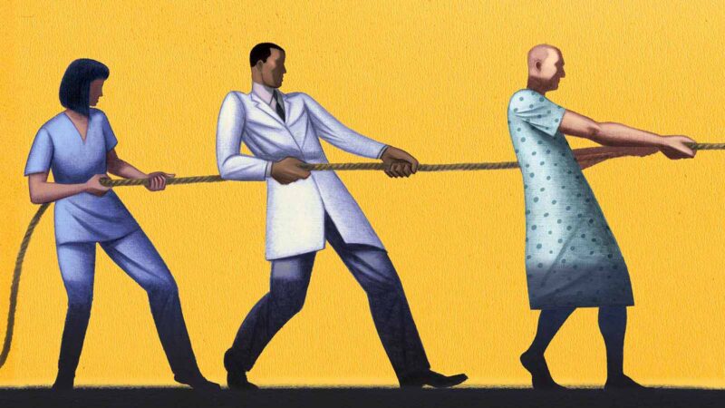 illustration of a nurse, doctor, and patient pulling a tug-of-war rope in the same direction