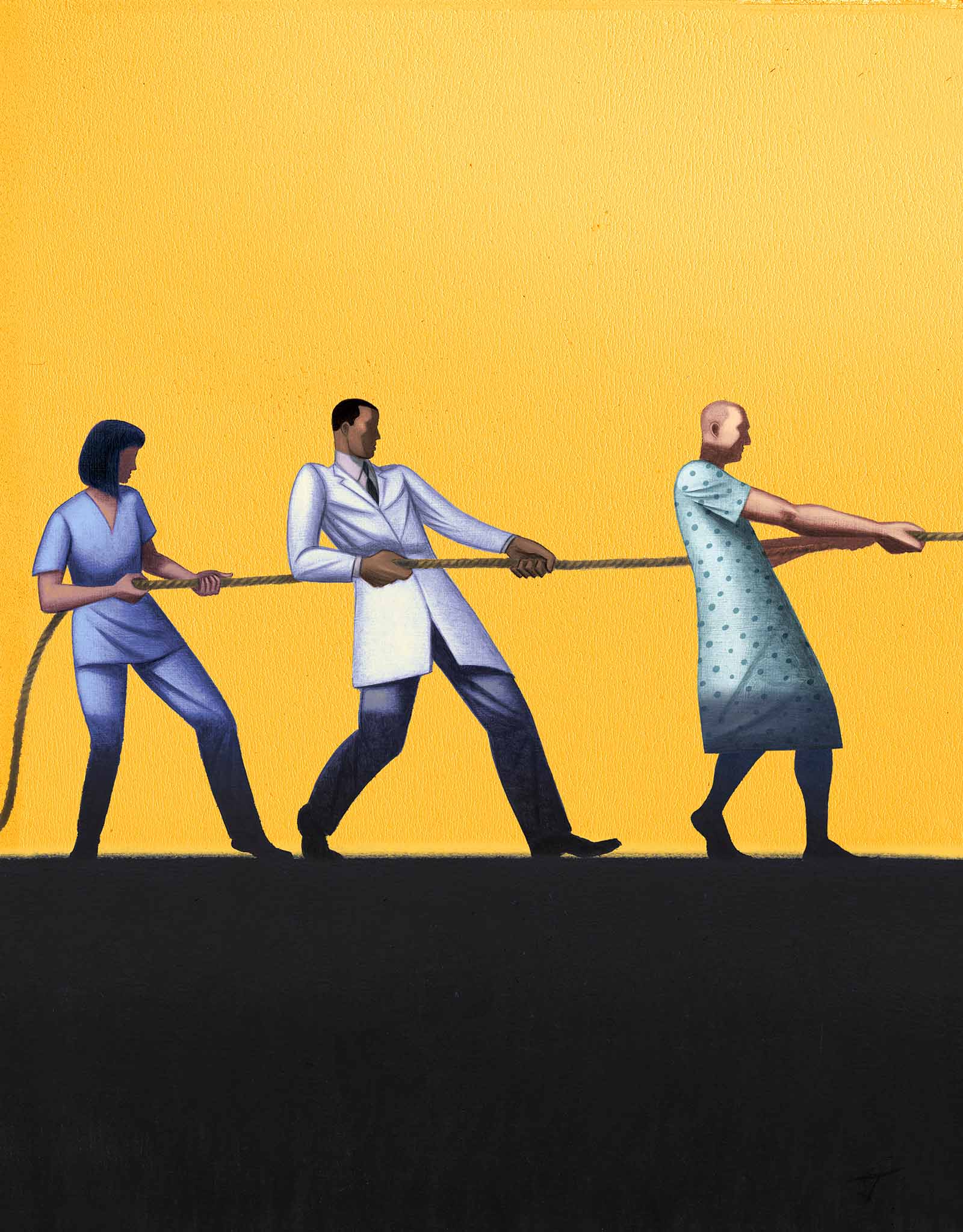 illustration of a nurse, doctor, and patient pulling a tug-of-war rope in the same direction